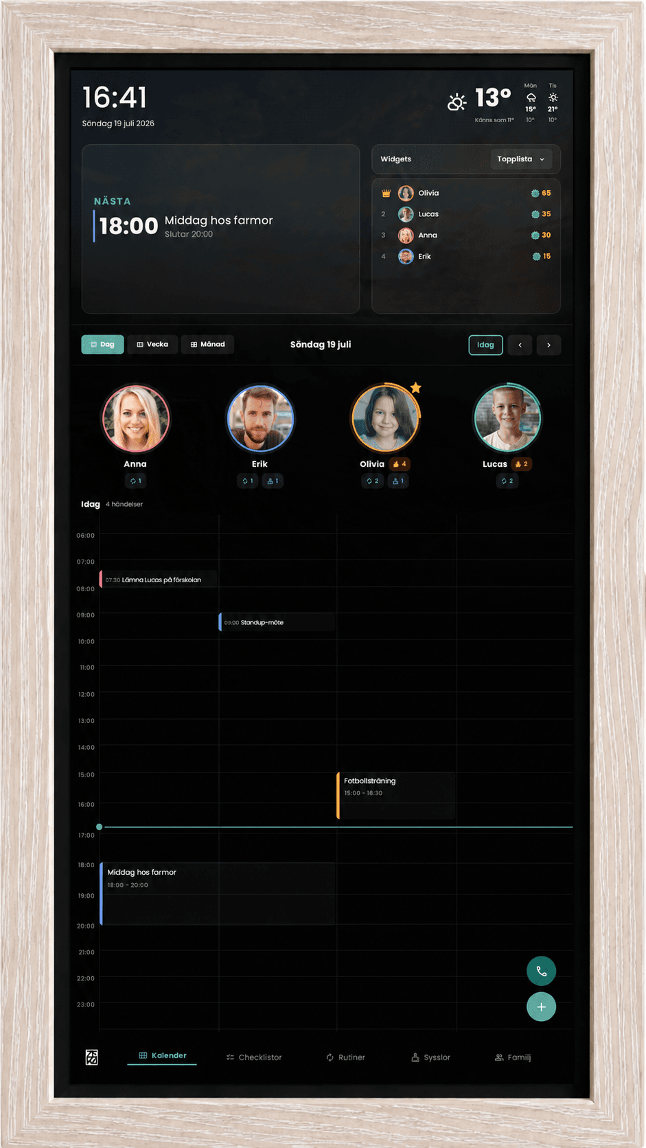 ZEKA digital familjekalender – skärm med familjens schema